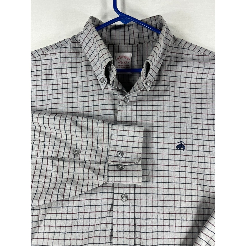 Brooks Brothers Madison Fit Mens L Grey Check Non-Iron Stretch Shirt 100185322